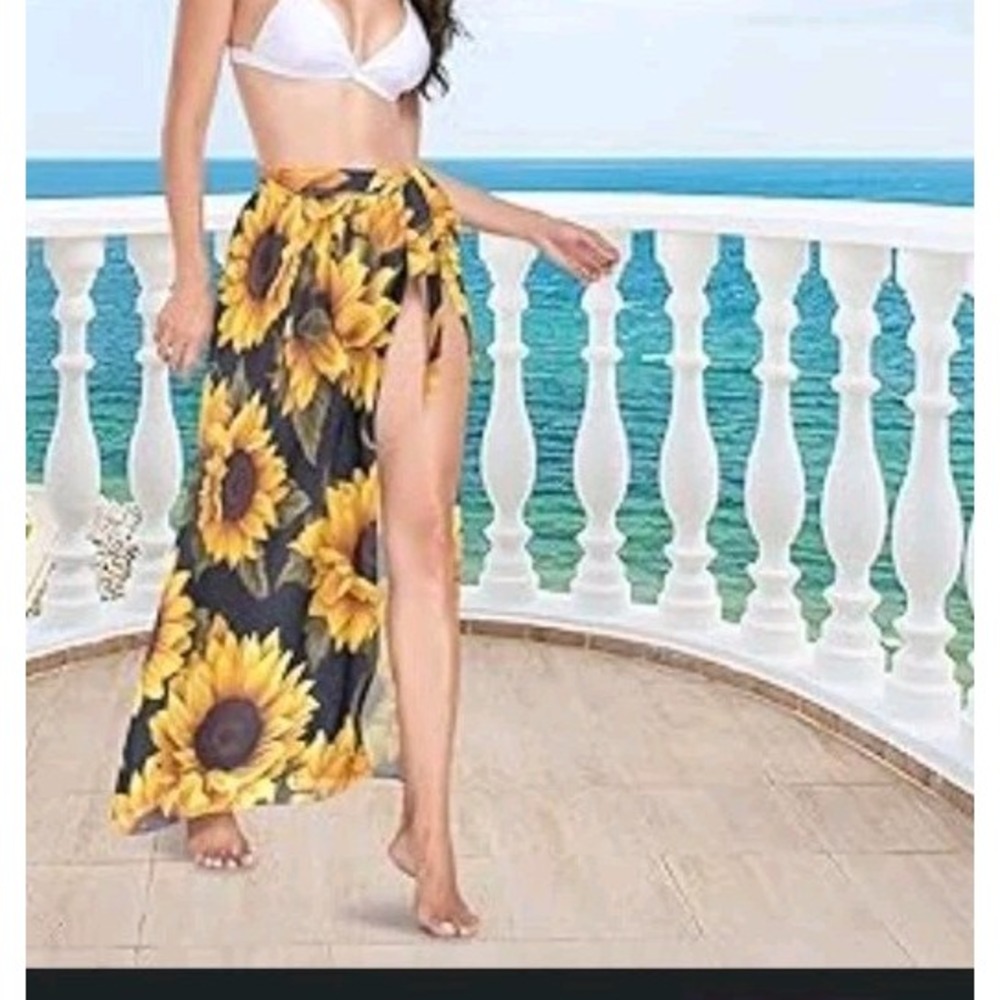 Sunflower Sheer Long Wrap Around‎ Skirt Cover Up 1X Boho Summer
